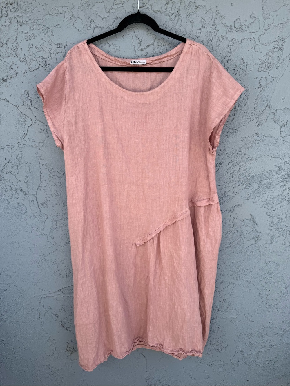 Lin Nature 100% Italian Oversized Pink Linen Shift Midi Dress with Pockets